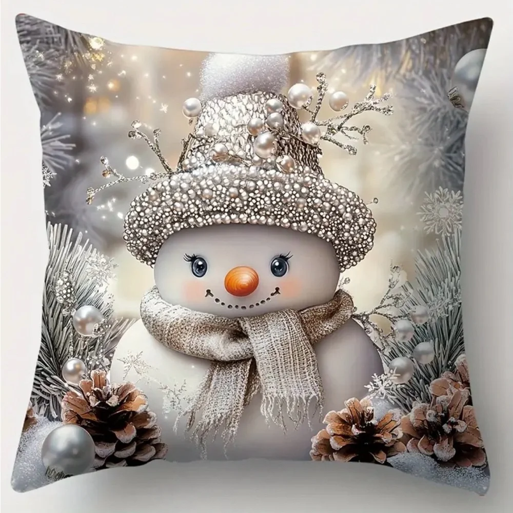 (New in Package)4 Pk Festive Holiday Pillow Cover Set with Santa and Snowman